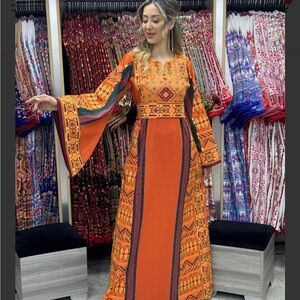 ORANGE MAJDALAWI - VERY HIGH QUALITY EMBROIDERED PALESTINIAN THOBE NEW